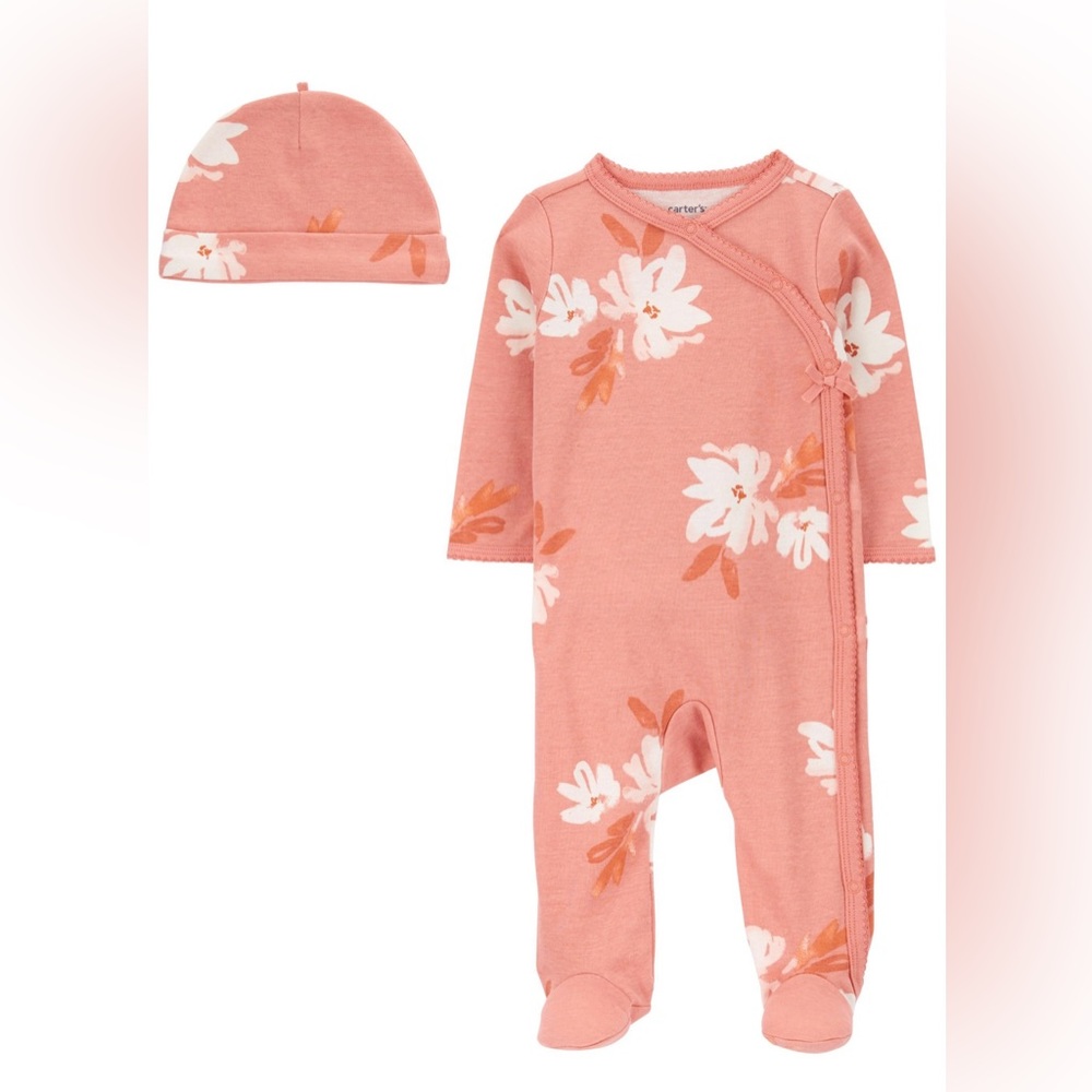 NWT Carter’s Baby Girl 2-Piece Floral Footed Sleeper & Hat Set 9M